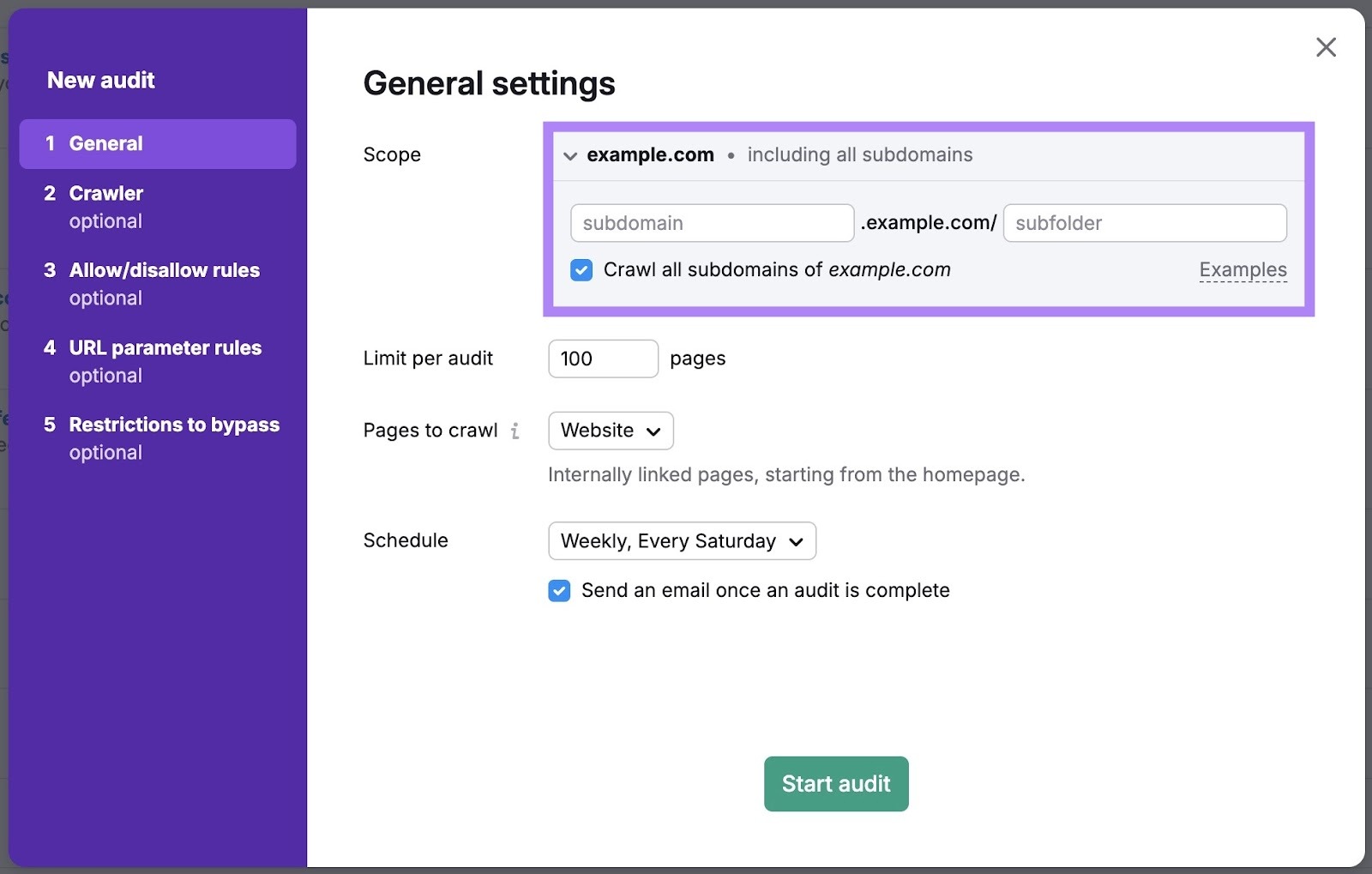 The crawl scope settings on Site Audit where you can select specific subdomains and subfolders to be included.