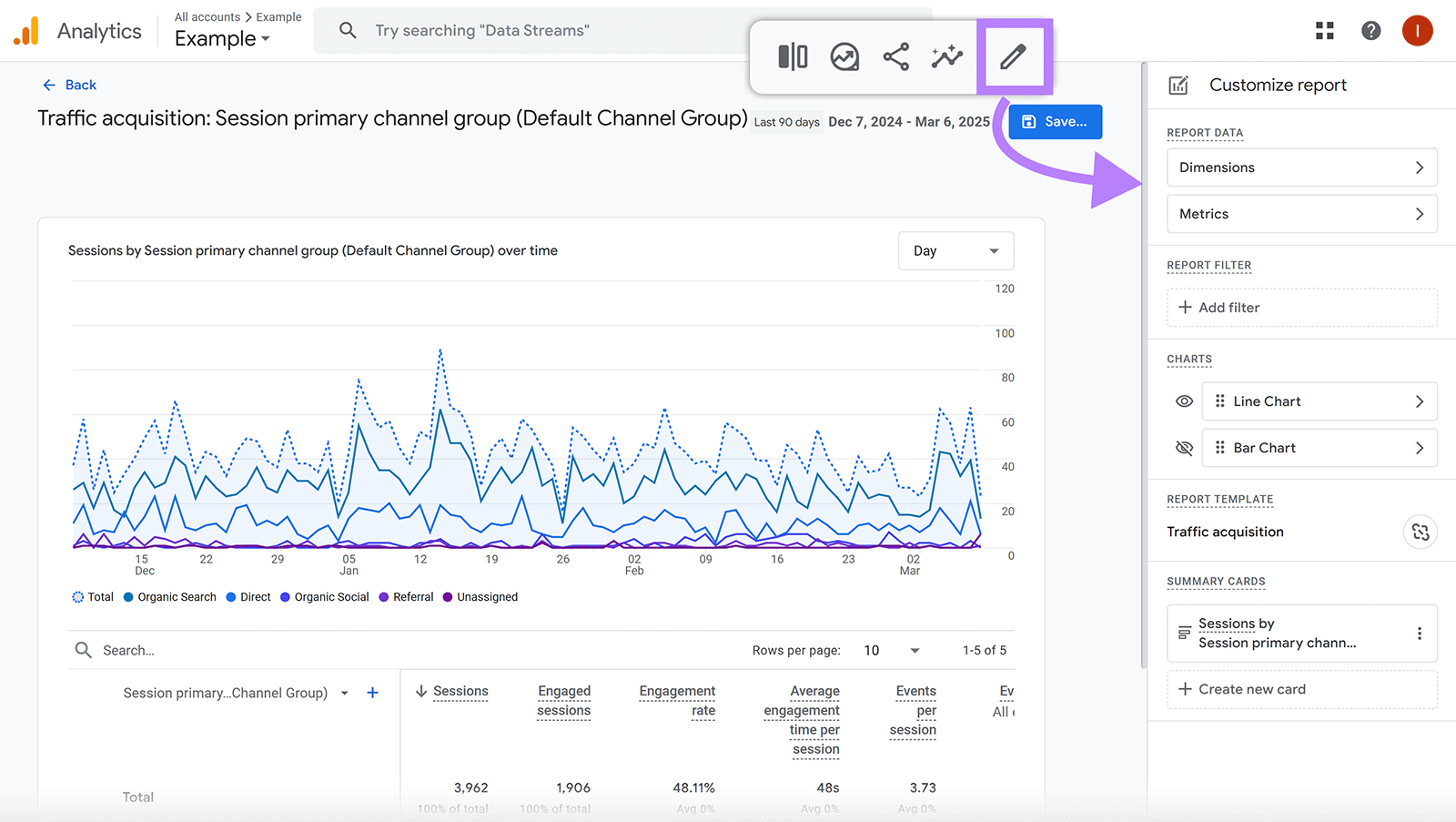 Edit icon clicked to reveal report customization menu