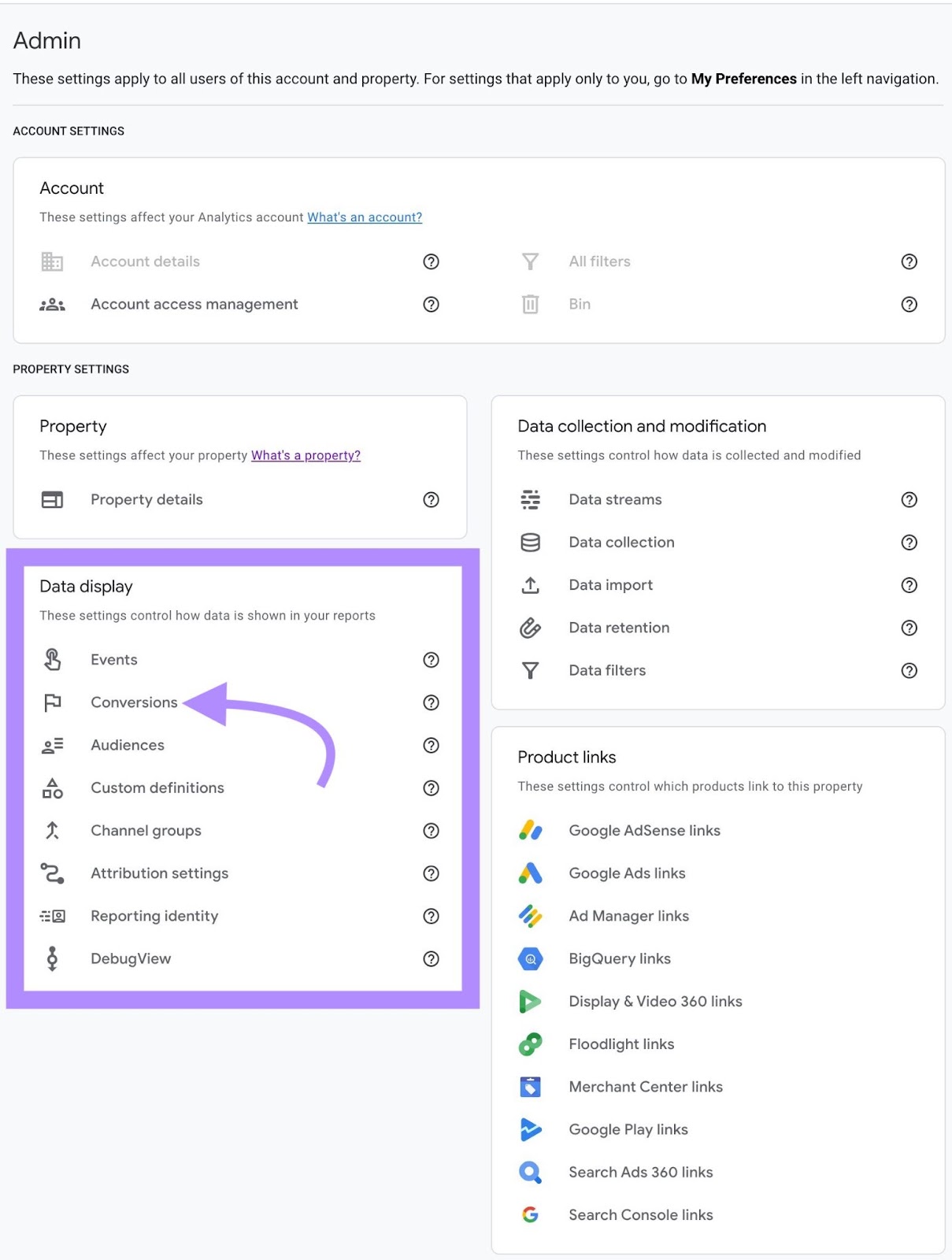 "Conversions" selected under “Data Display” section of GA4 Admin menu