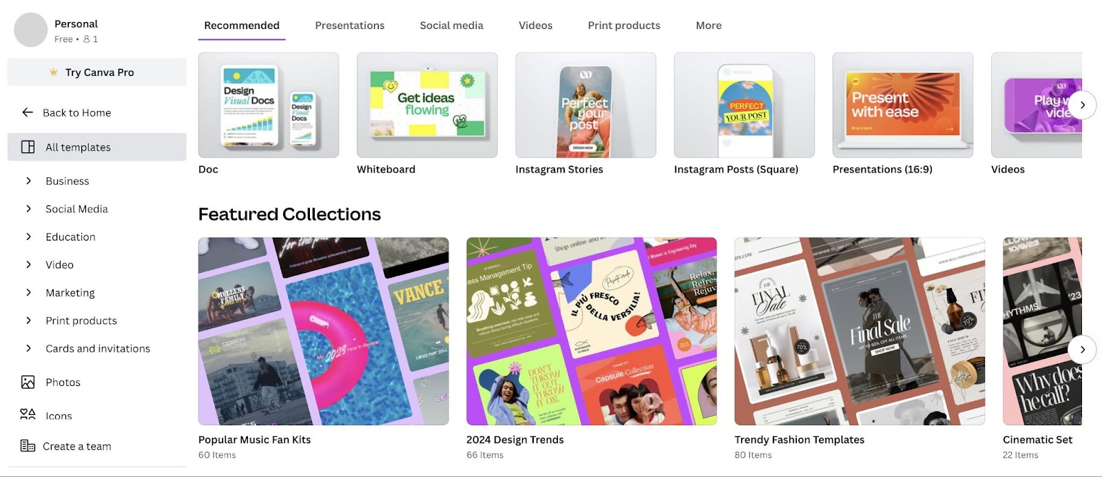 Canva's recommended templates page