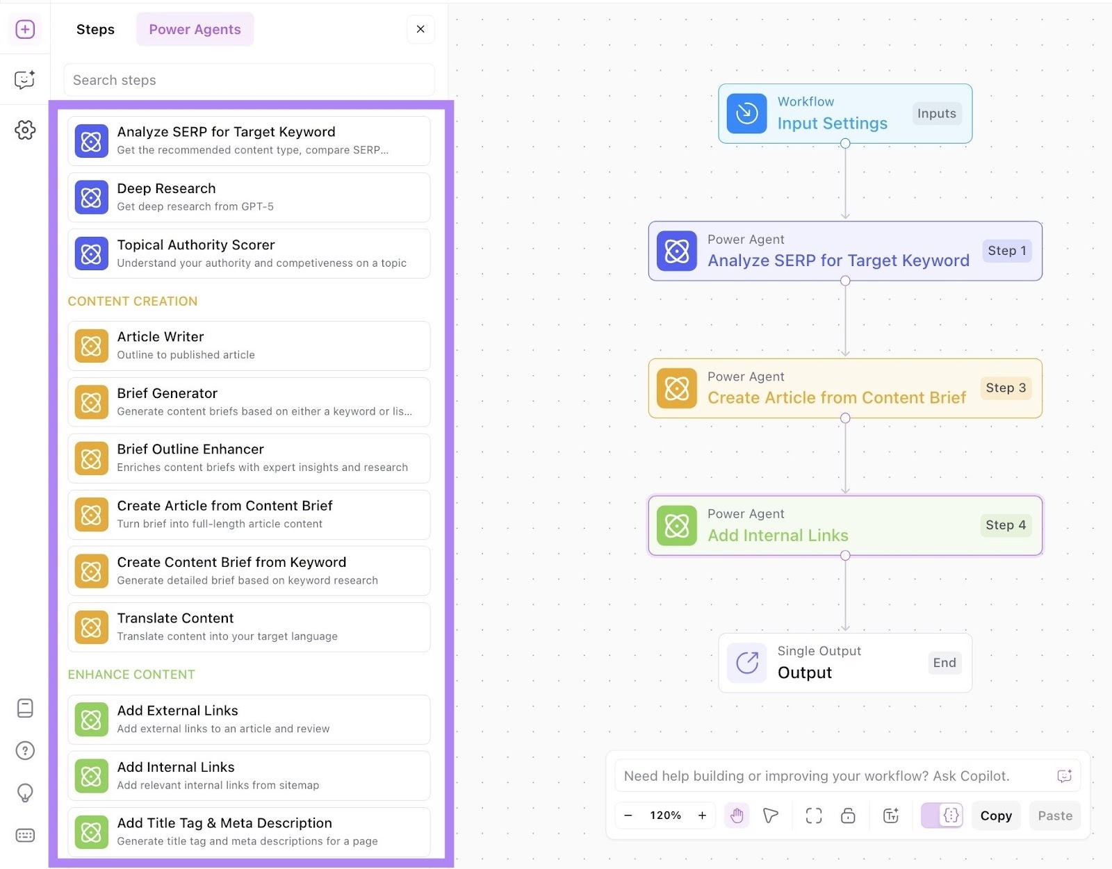 Creating a workflow on AirOps with the "Power Agents" on the left-hand side highlighted.