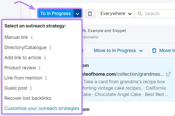 To In Progress button clicked showing outreach strategy selection options.