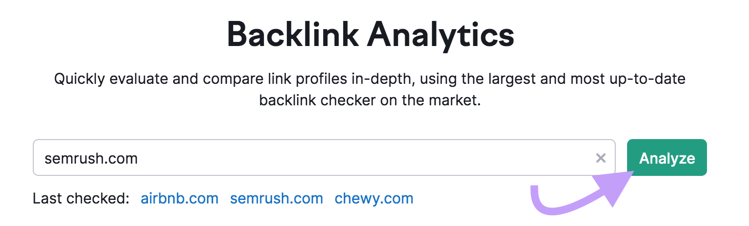 "semrush.com" domain entered into the Backlinks tool search bar