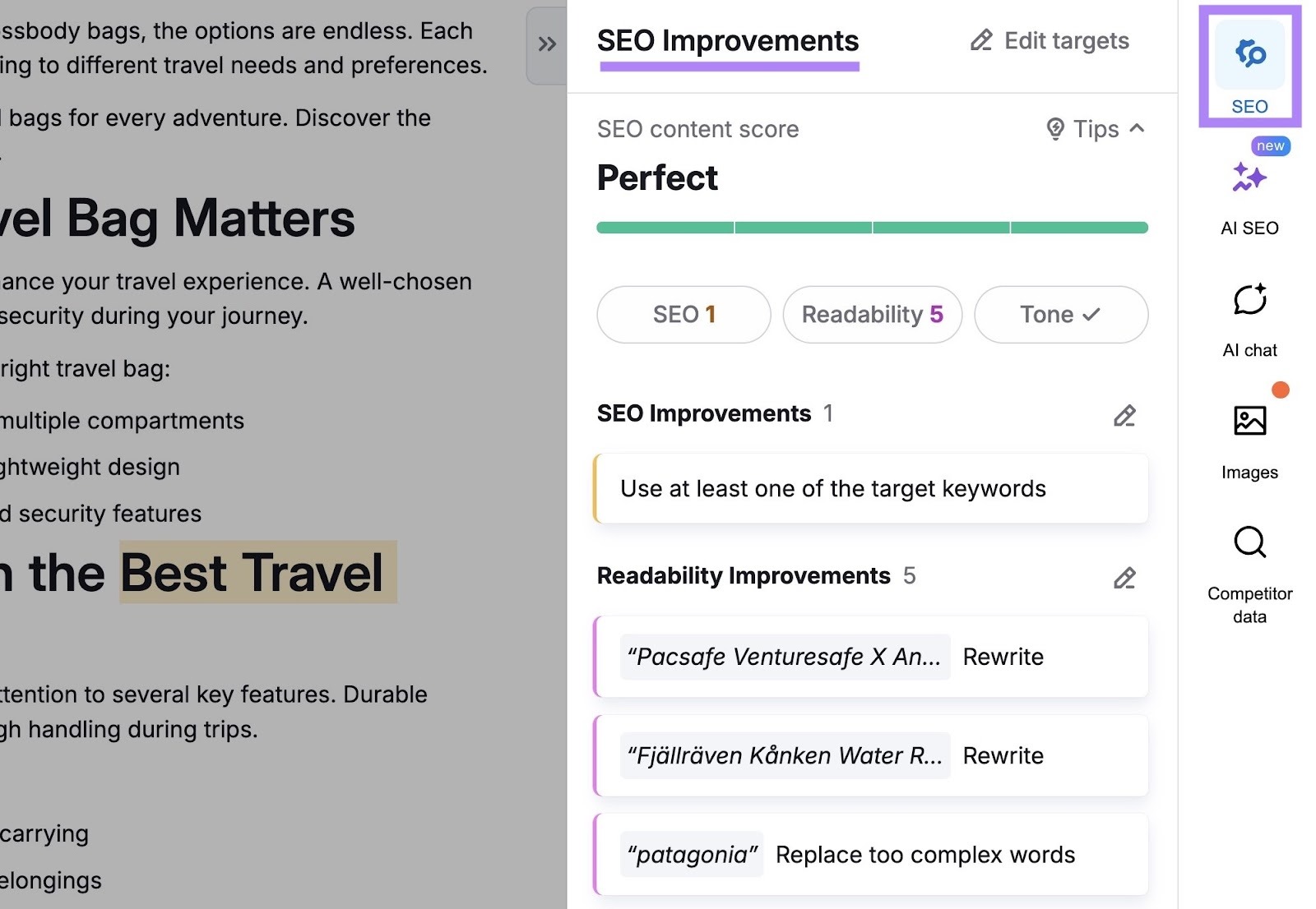 SEO Improvements on the AI Article Generator showing AI-powered suggestions for SEO, readability, and tone.