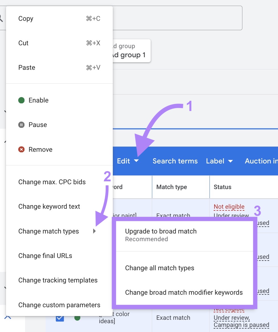 Changing the match type for multiple keywords at once by clicking "Edit" and then "Change match types."