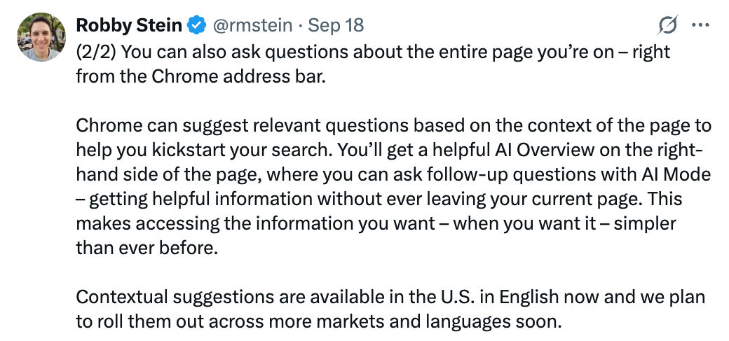 Robby Stein describes how AI-powered contextual suggestions work and could benefit users.
