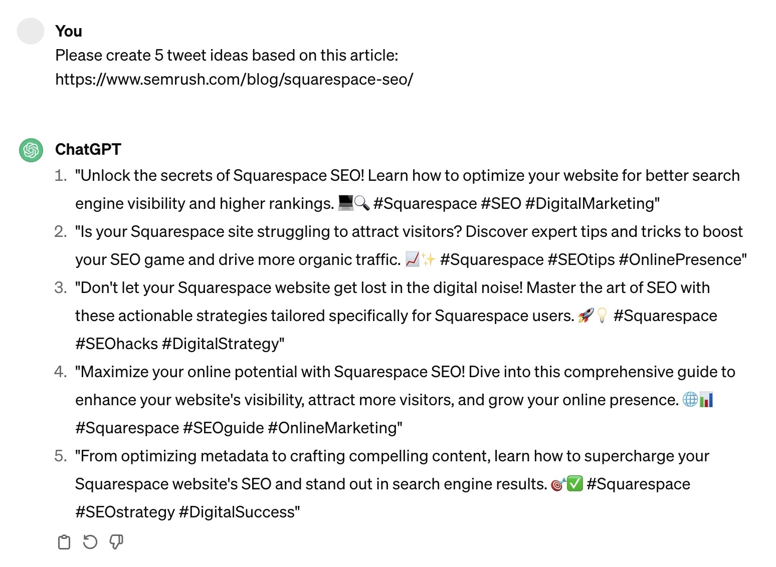 A prompt asking ChatGPT to create 5 tweet ideas based on an article