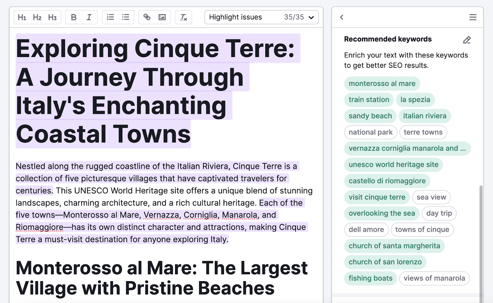 tool highlights semantic keywords used in the text