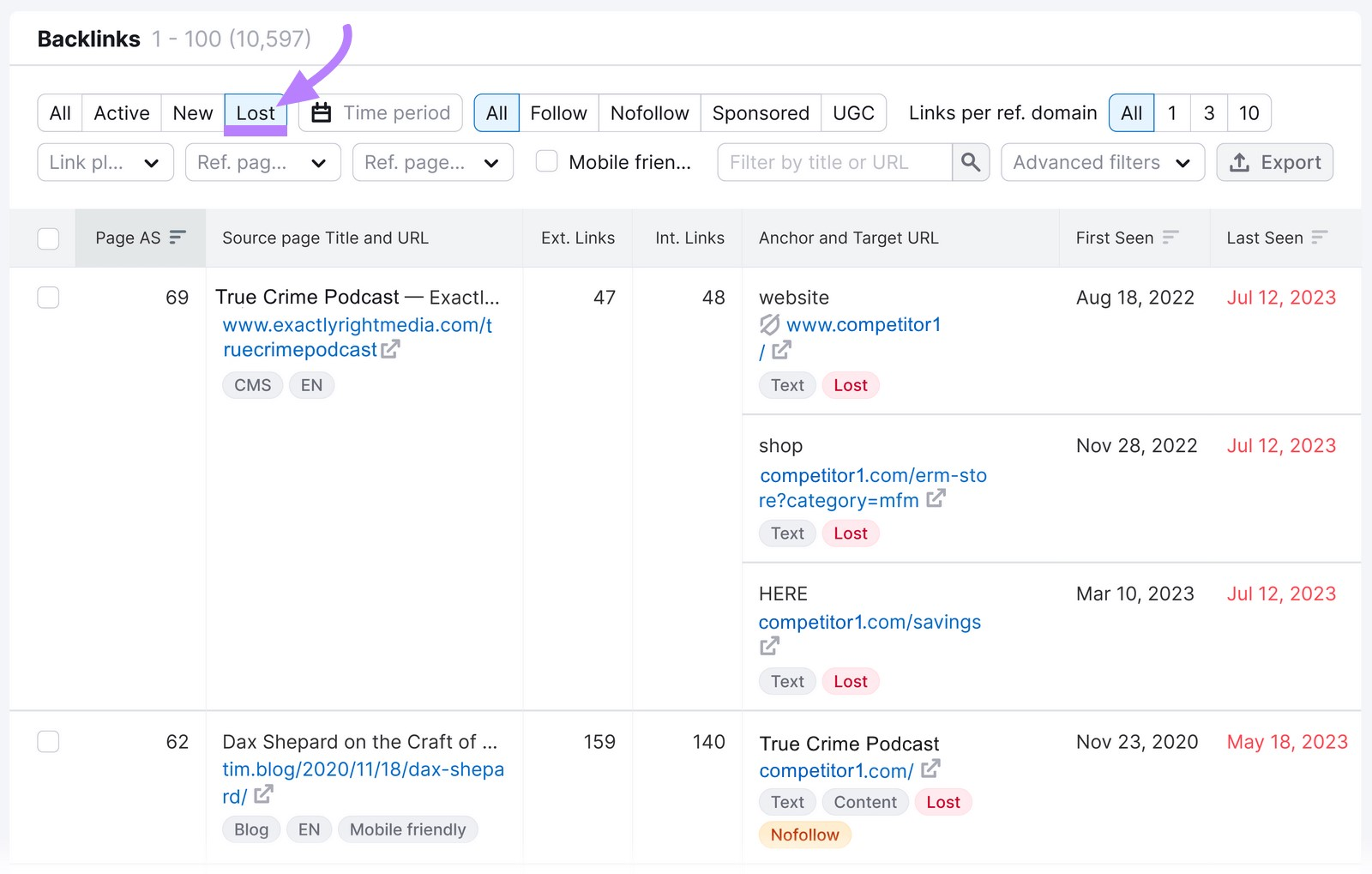 "Lost" tab in the Backlinks tool