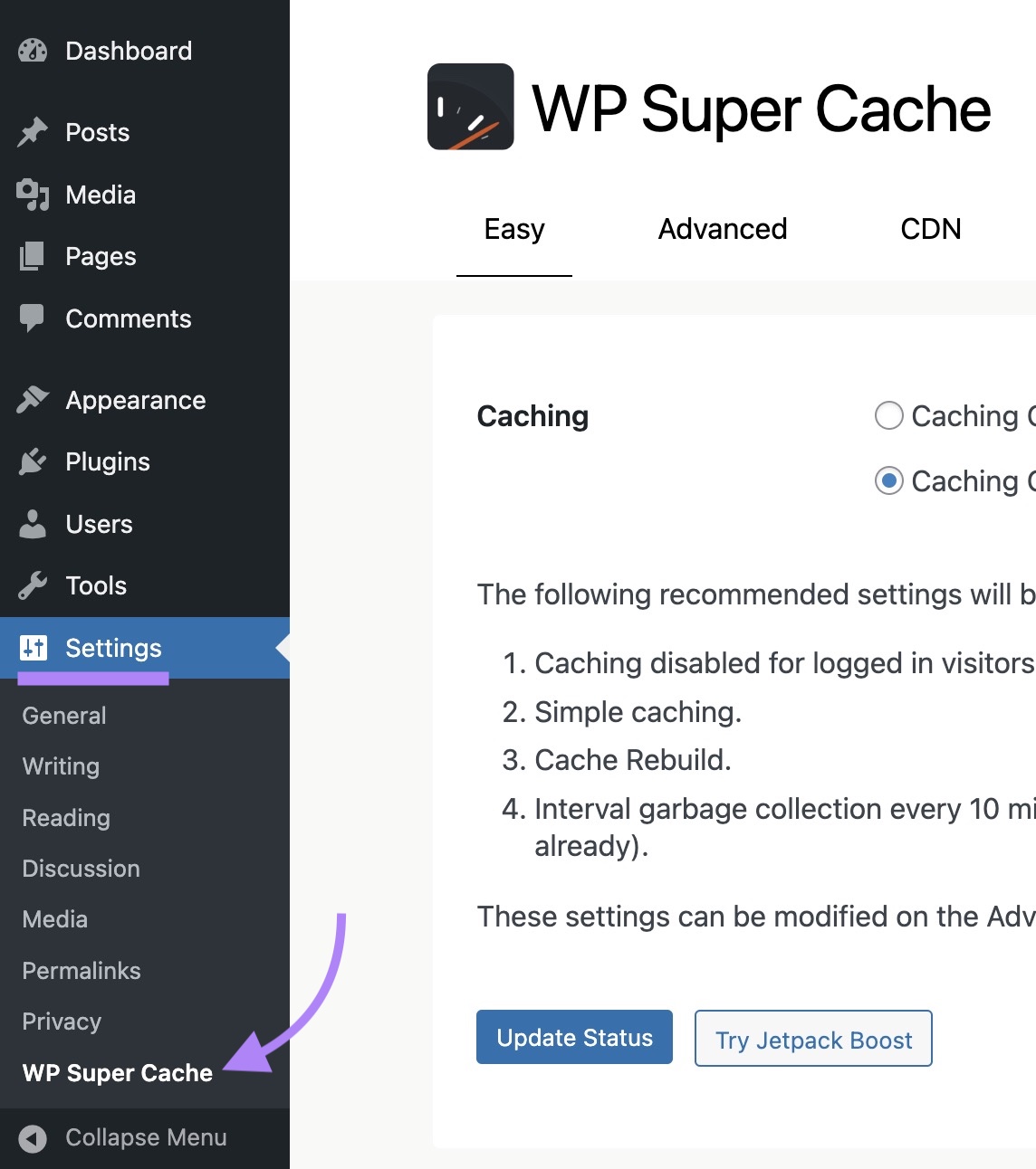 "WP Super Cache" clicked from the "Settings" submenu on WordPress.