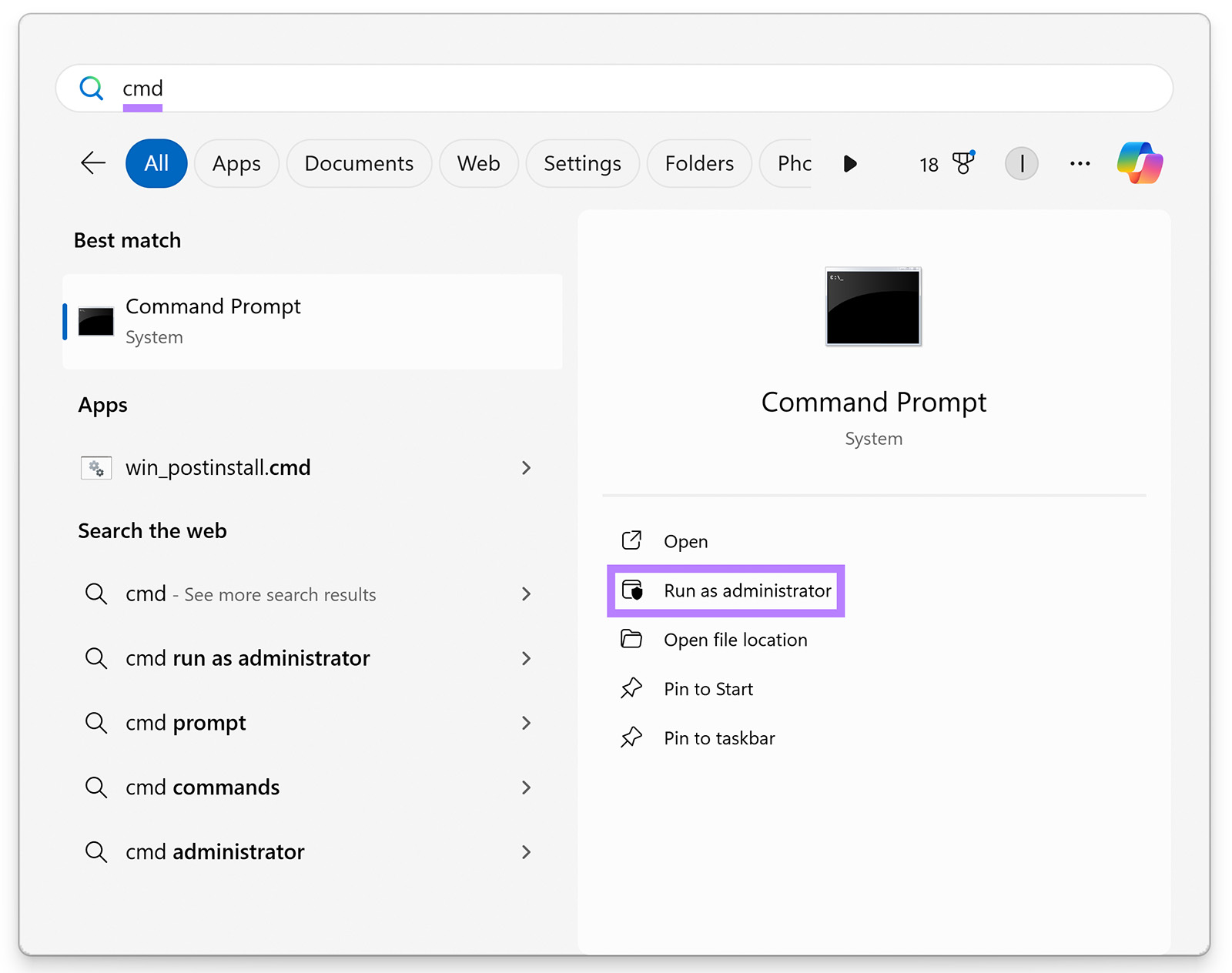 Windows 11 Start menu with 'cmd' typed in search bar and Run as administrator option for Command Prompt highlighted