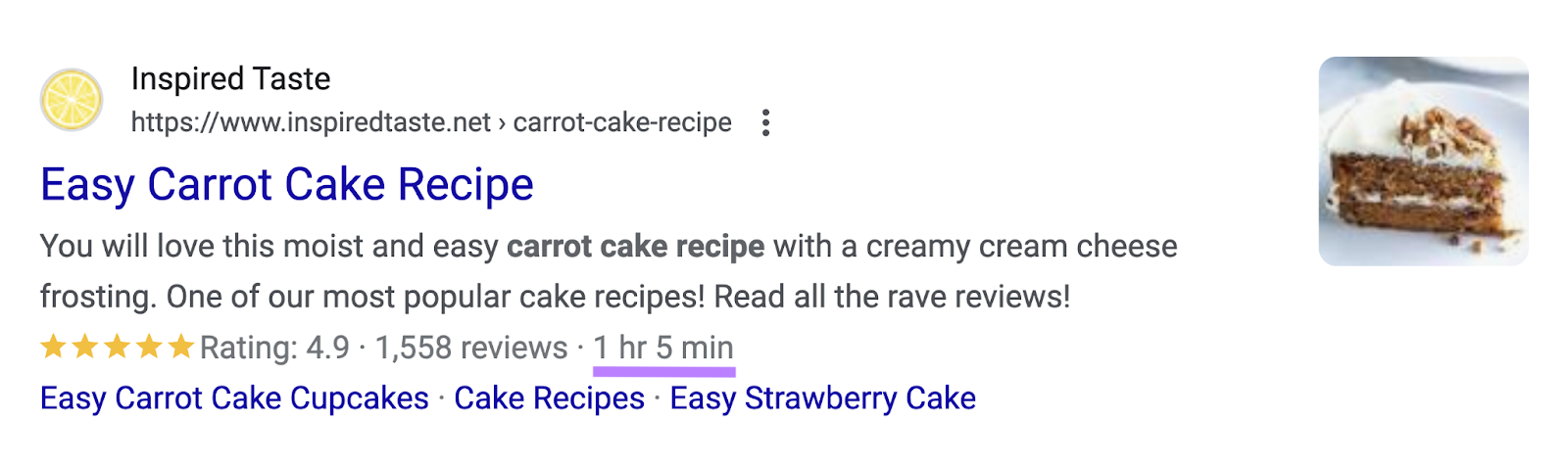 rich snippet for the recipe shows the total cook time