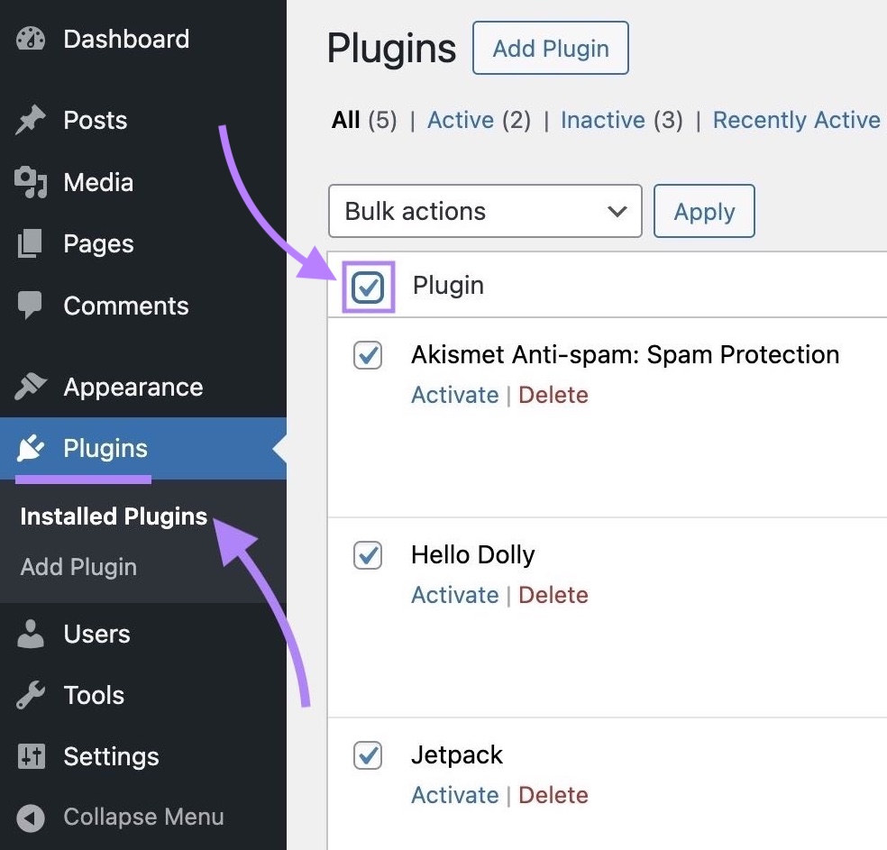 "Installed Plugins" on WordPress with the boxes next to all plugins checked.