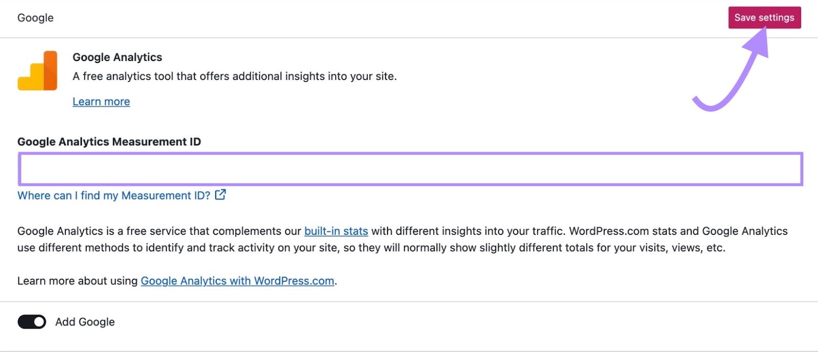 “Google Analytics Measurement ID" field