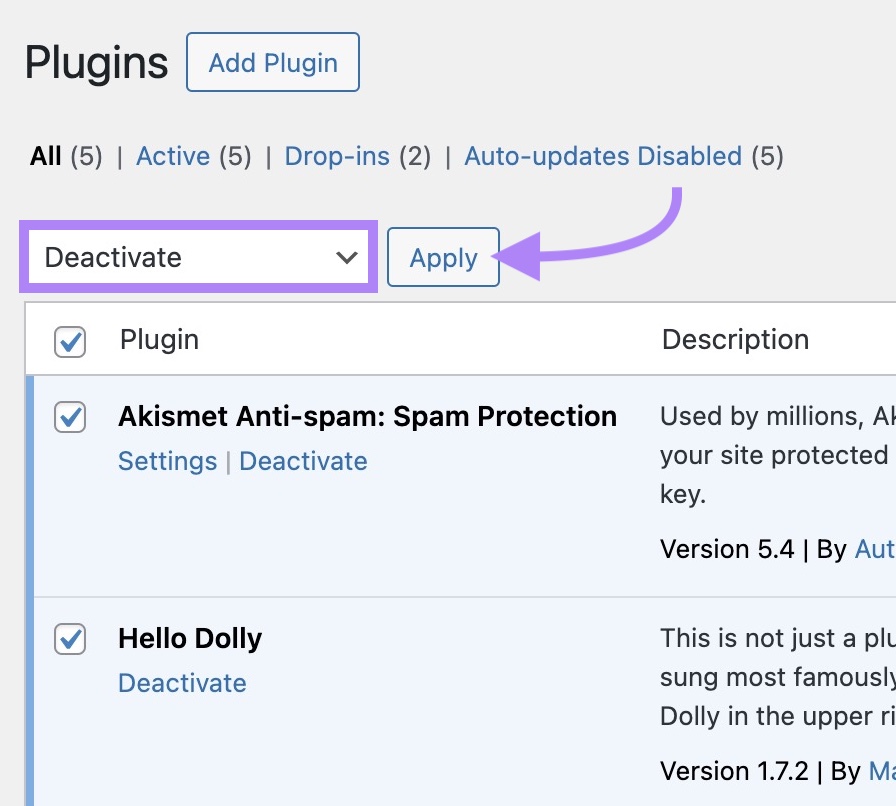 Plugins on WordPress with "Bulk Actions" clicked, "Deactivate" selected from the dropdown, and "Apply" clicked.