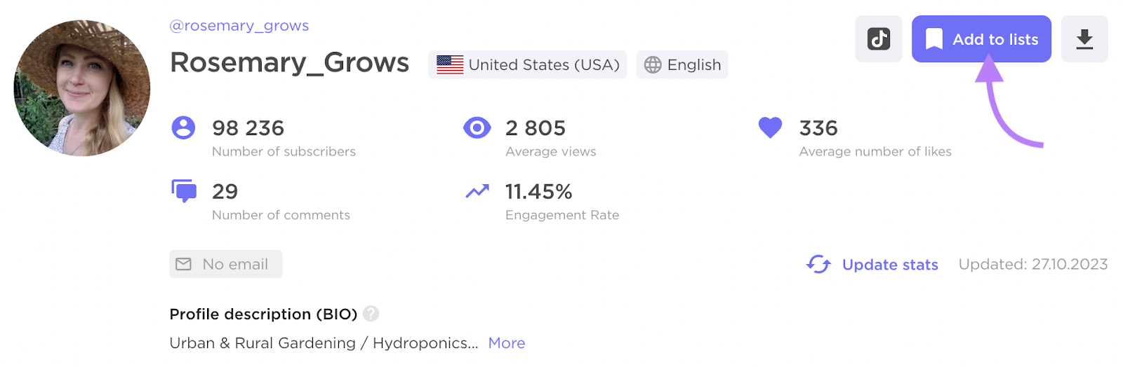"Add to lists" button highlighted in the top-right corner of the influencer's profile