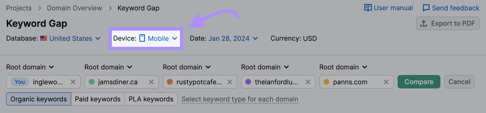 Switch to "Mobile" in the upper bar in Keyword Gap tool