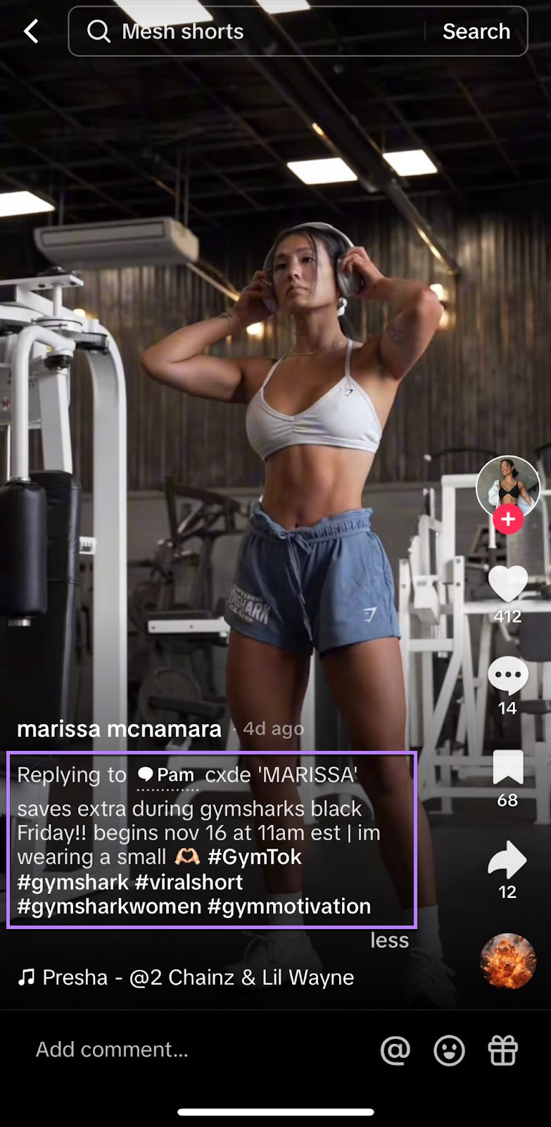 Marissa McNamara's TikTok video description offering discount on Gymshark products highlighted