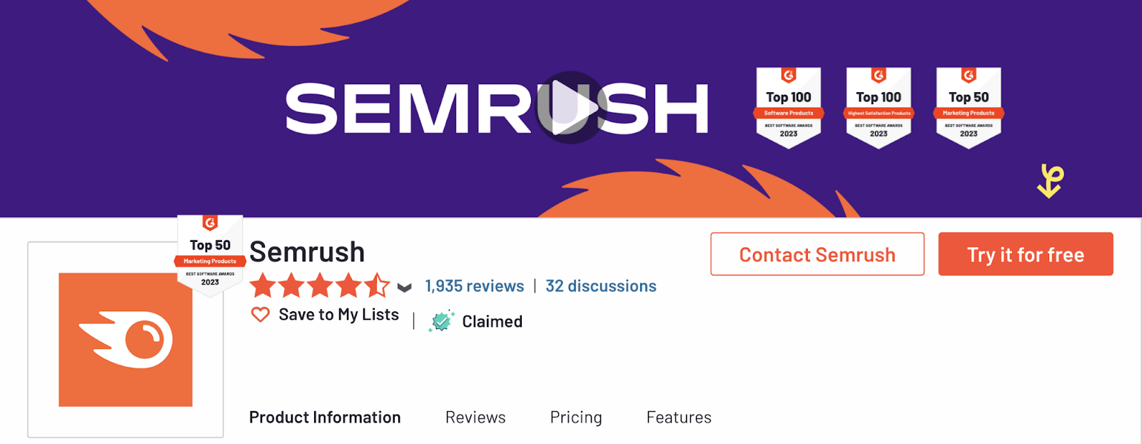 Semrush profile and awards