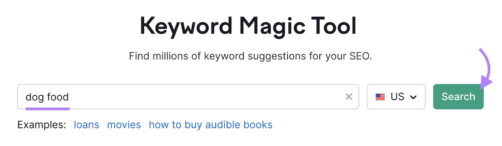 "dog food" keyword entered into the Keyword Magic Tool search bar