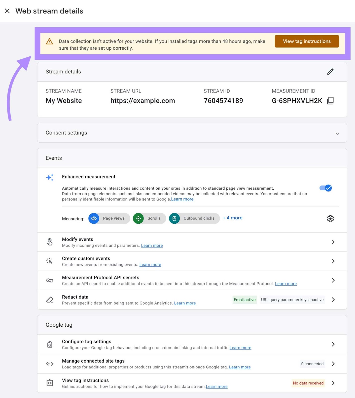 "Data collection isn't active for your website. If you installed tags more than 48 hours ago, make sure that they are set up correctly." alert