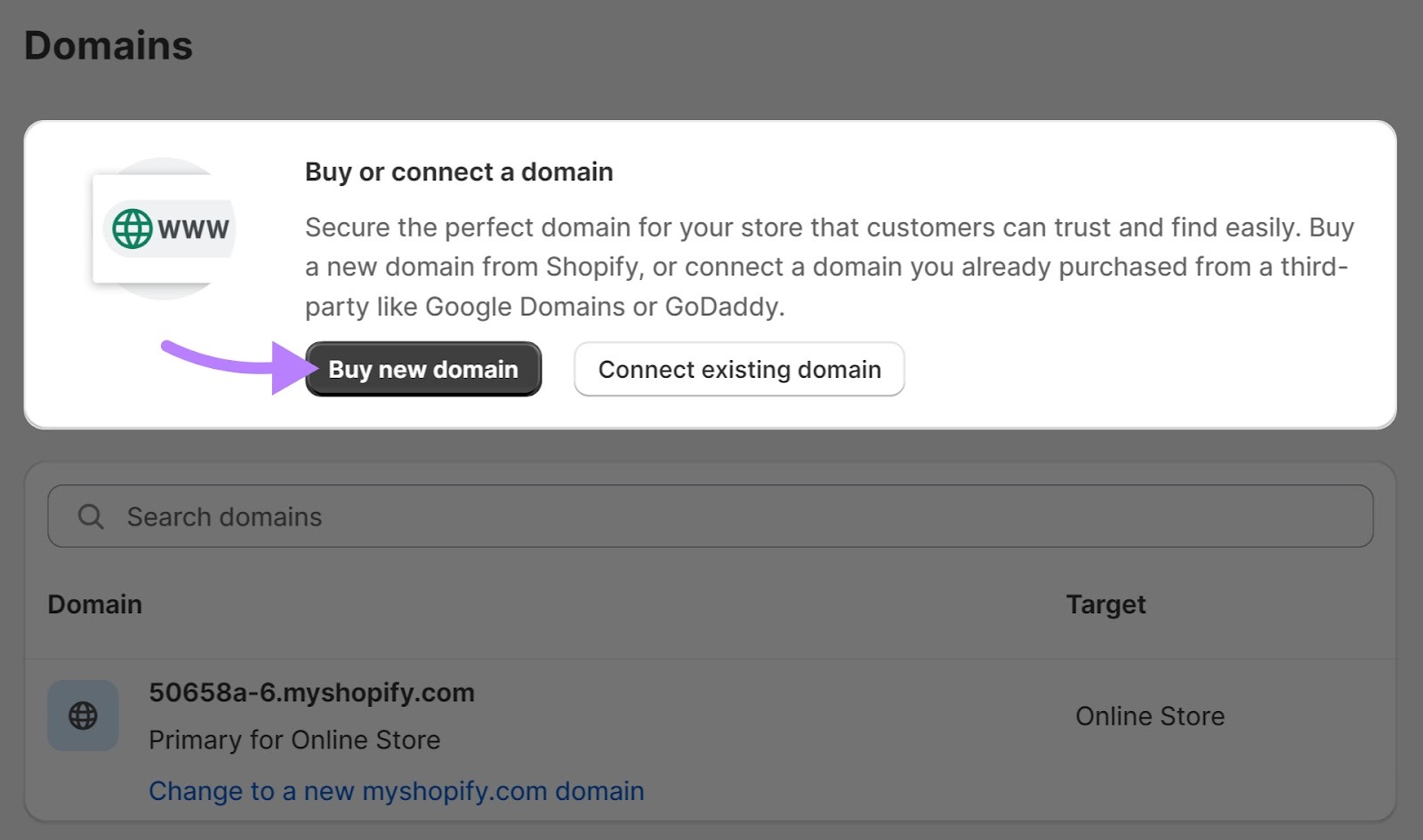 Buy new domain button highlighted.