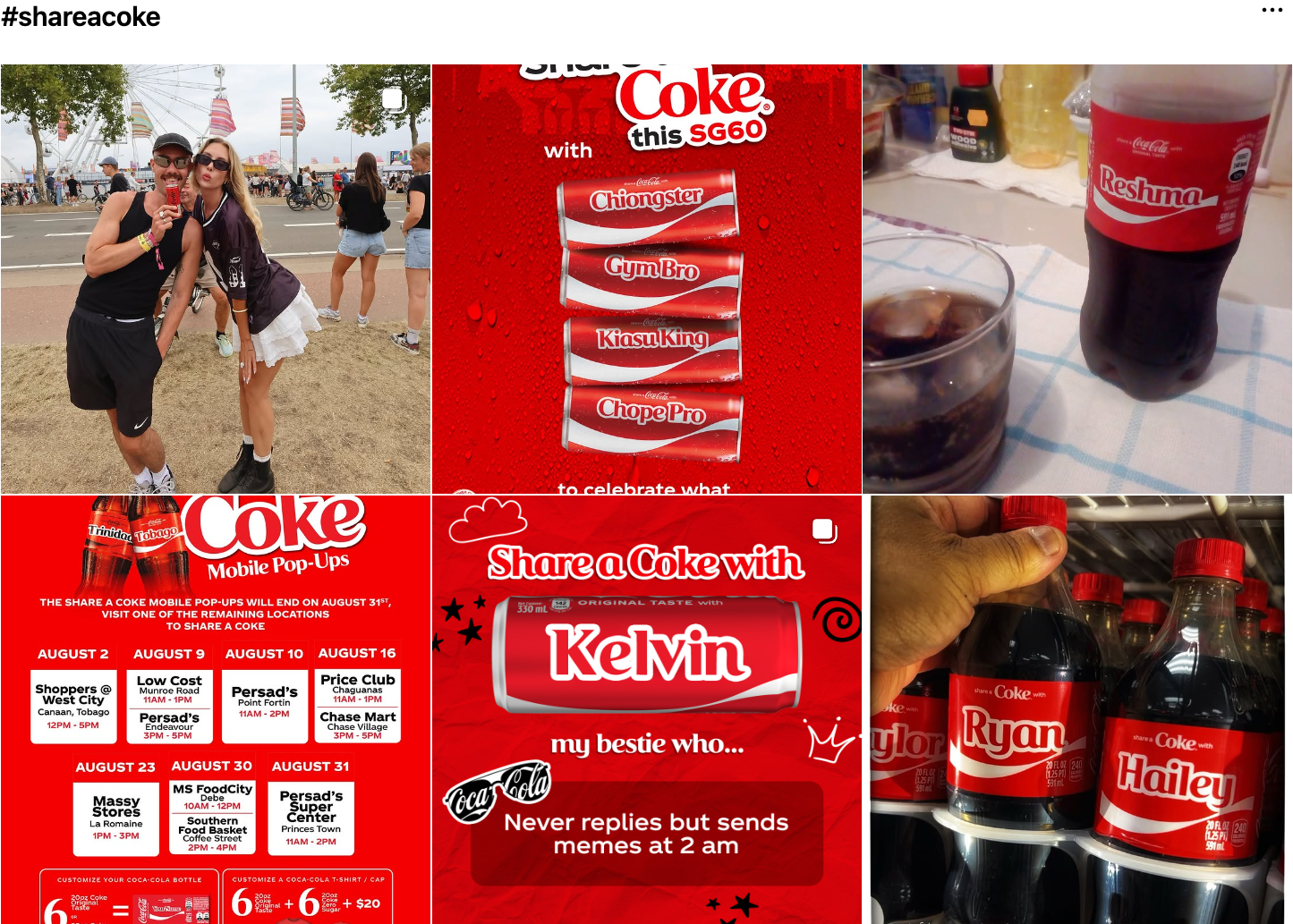 Instagram grid showing posts with tagged with #shareacoke.
