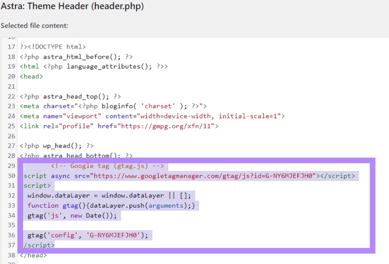 Google Analytics tracking code pasted before the closing <head> tag
