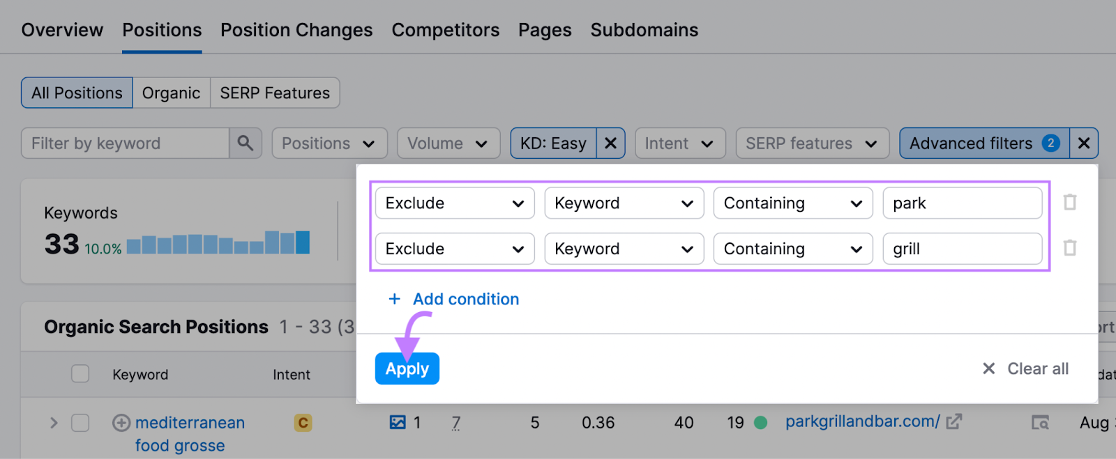 Organic Rankings tool filters