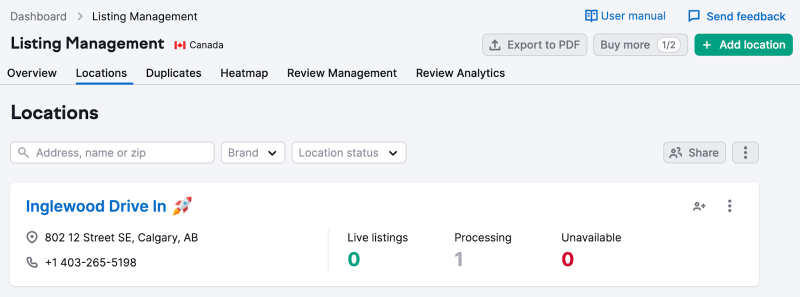 "Locations" tab in Listing Management tool, showing Inglewood Drive In's listings