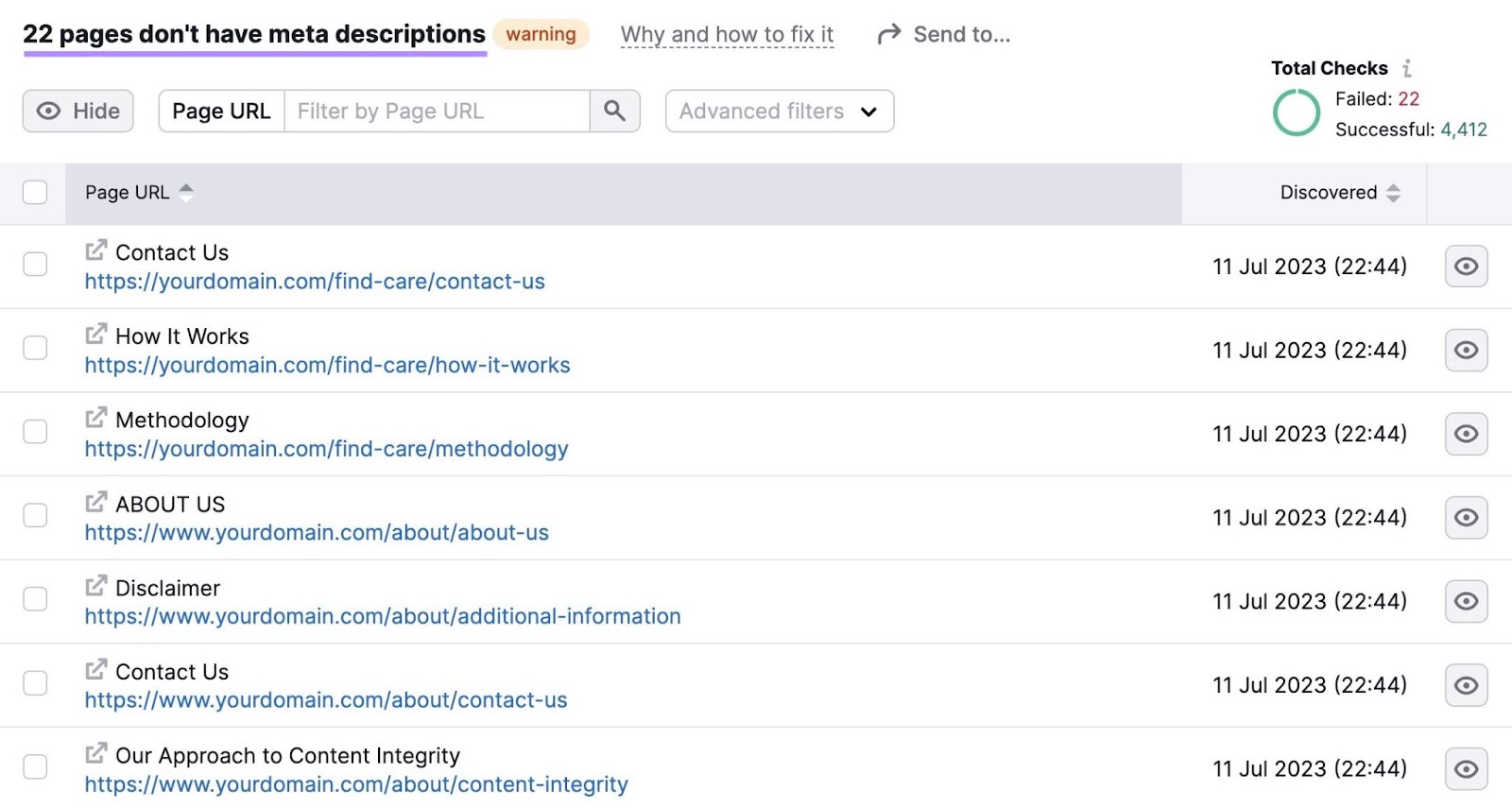 A list of pages that don't have meta description in Site Audit