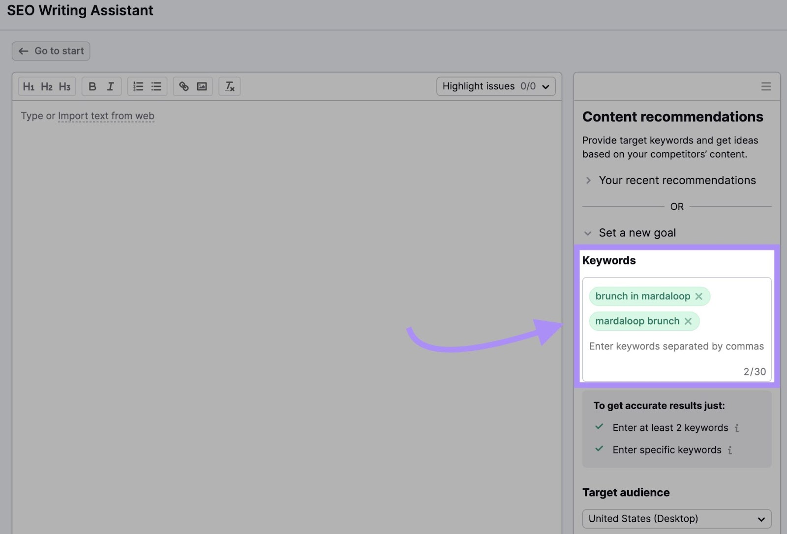 "brunch in mardaloop," and "mardaloop brunch" keywords entered into the SEO Writing Assistant