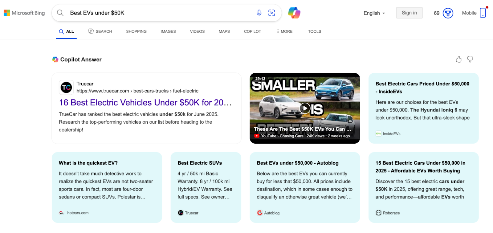 Copilot Answer shows an organic link, video, and text snippets, but no cohesive answer.