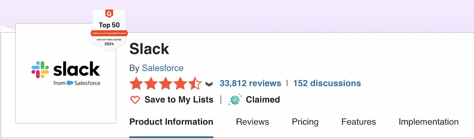 Slack profile on review site showing 4.5-star rating and 33,812 reviews