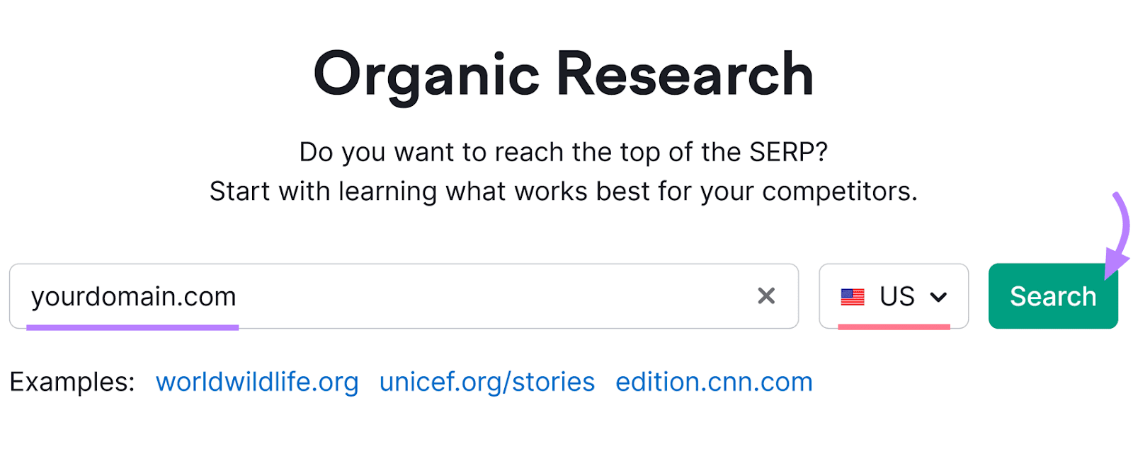 Semrush's Organic Rankings tool interface with a search bar where "yourdomain.com" is typed and a search button highlighted in purple.