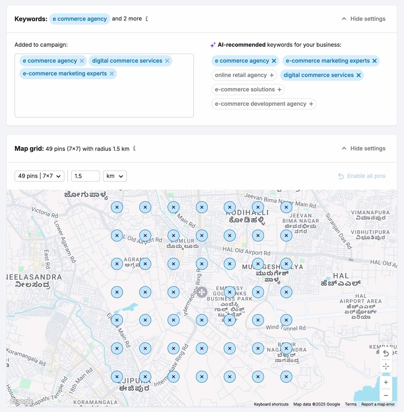 Campaign Setup on Map Rank Tracker with options to add keywords and a target area.