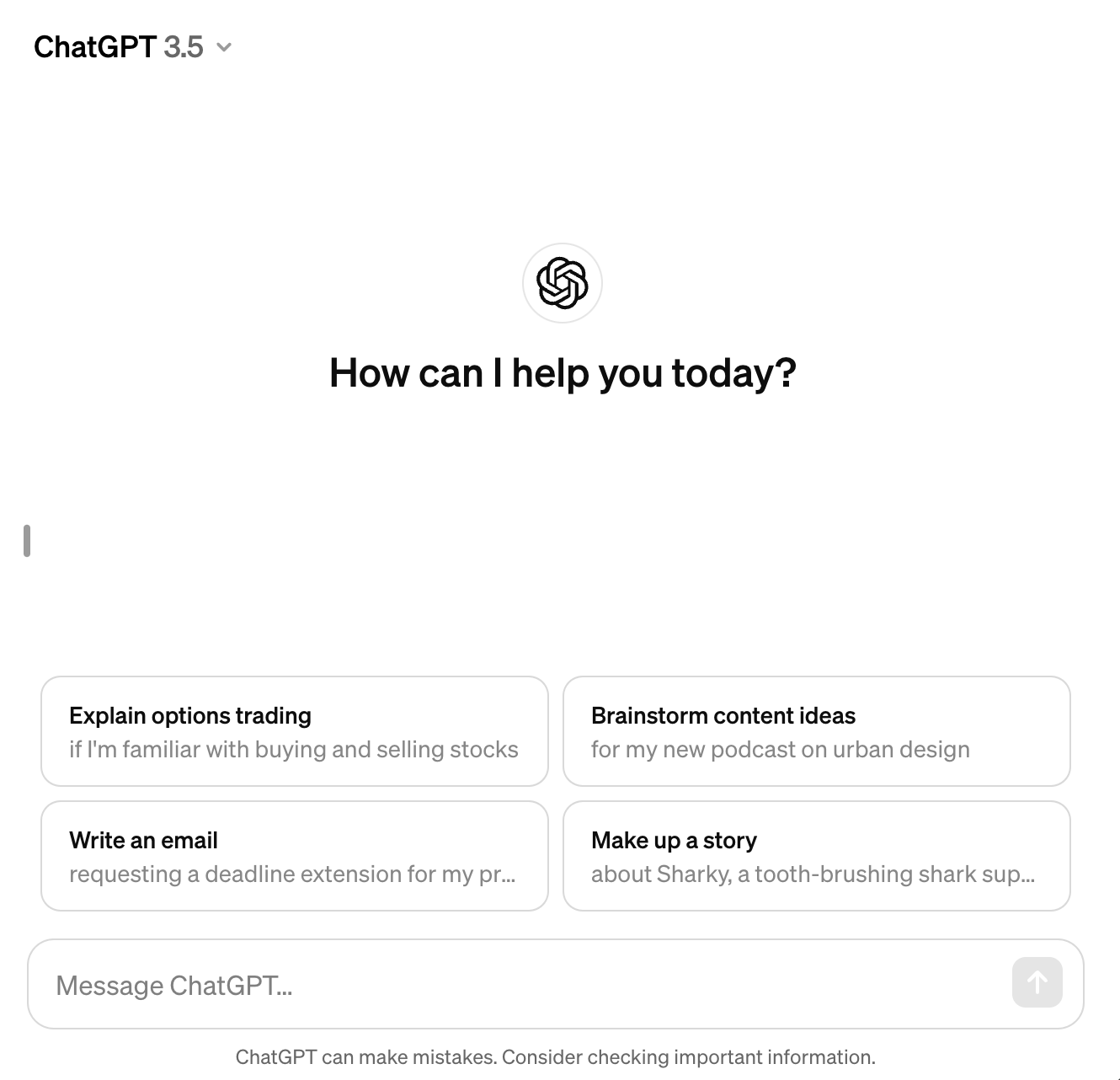 ChatGPT 3.5 landing page