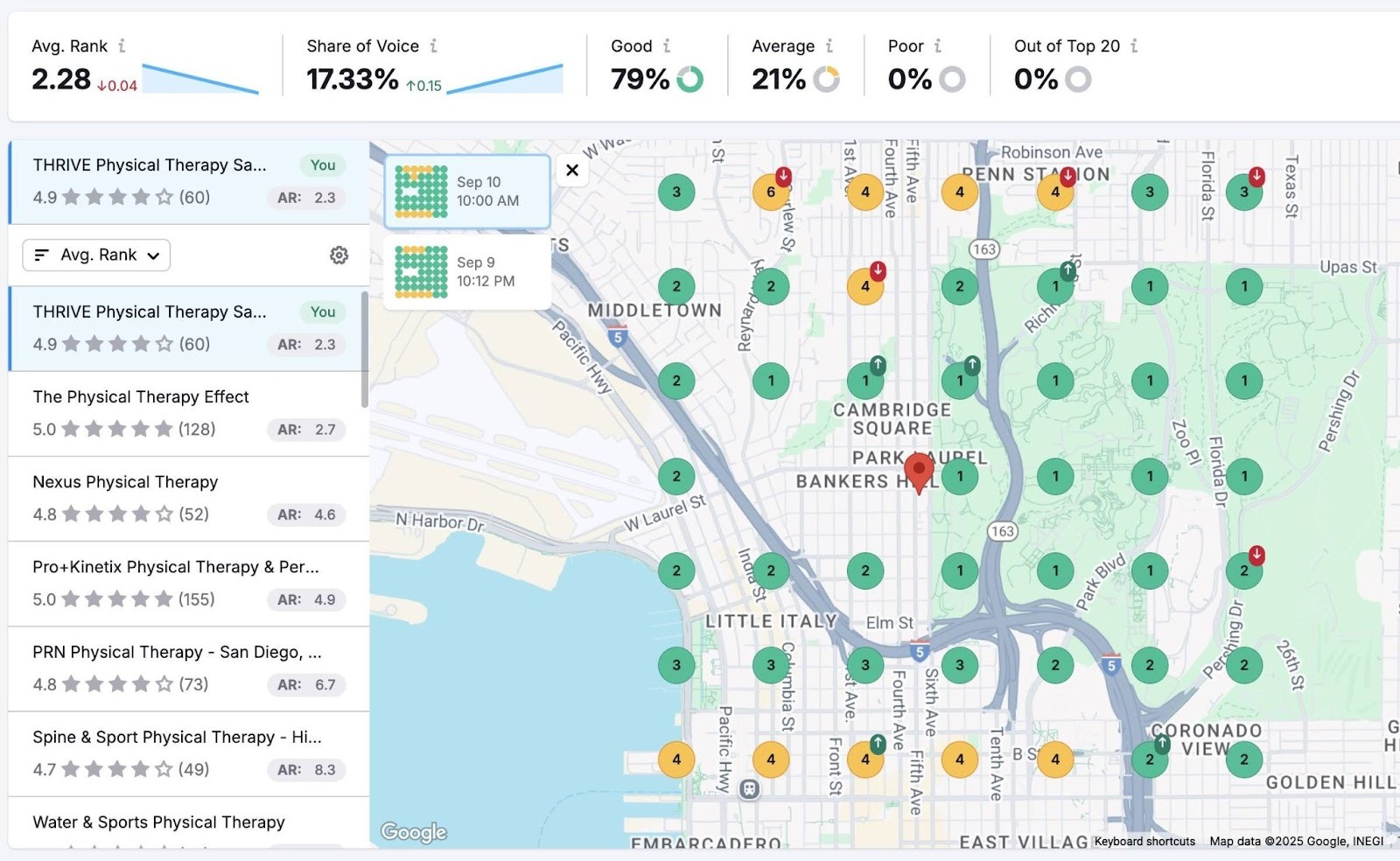 A color-coded heatmap showing local visibility for a business on the Map Rank Tracker.