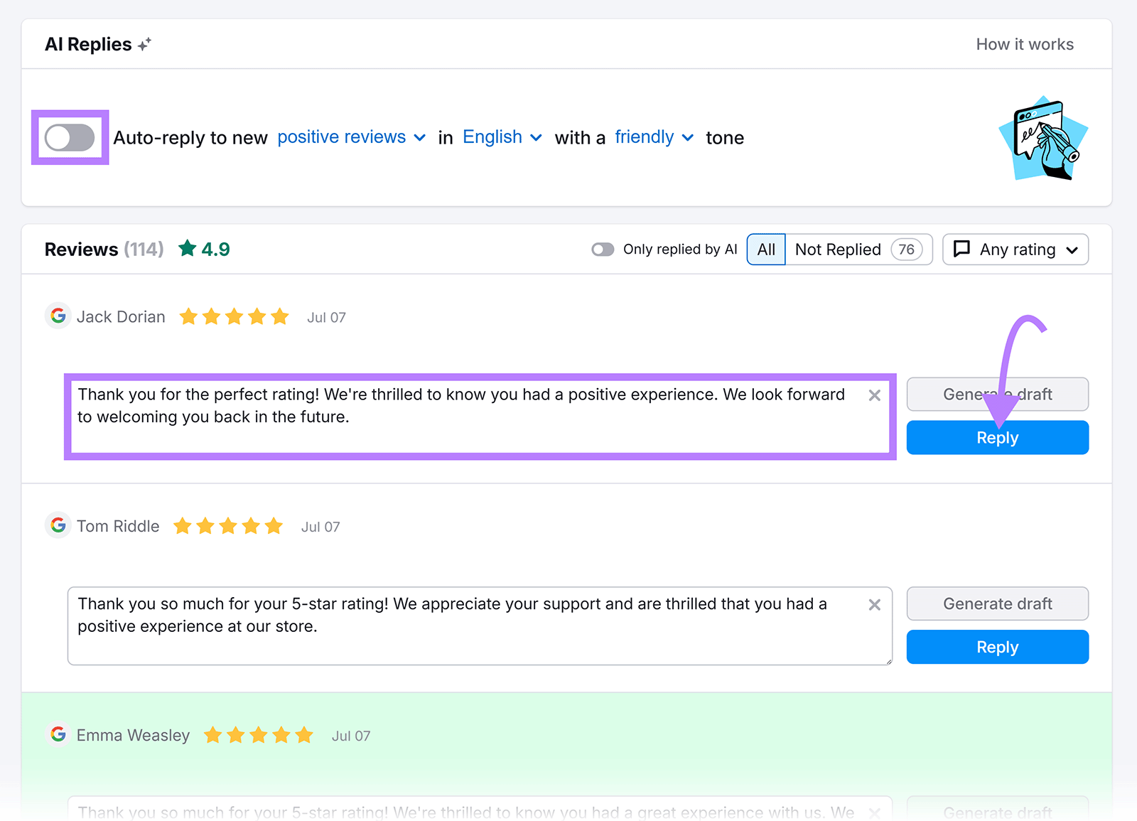 Semrush Review Management dashboard with auto-reply toggle, highlighted draft response, and purple arrow pointing to “Reply” button