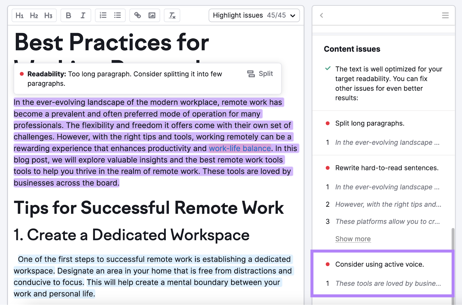 "Consider using active voice" suggestion in SEO Writing Assistant