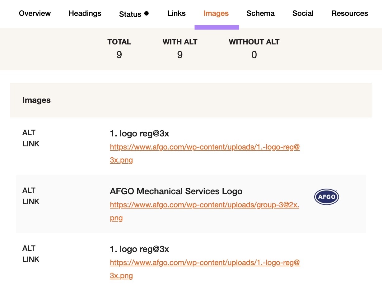 The "Images" tab on the SEO Pro Extension showing total images on a page along with how many have and don't have alt text.