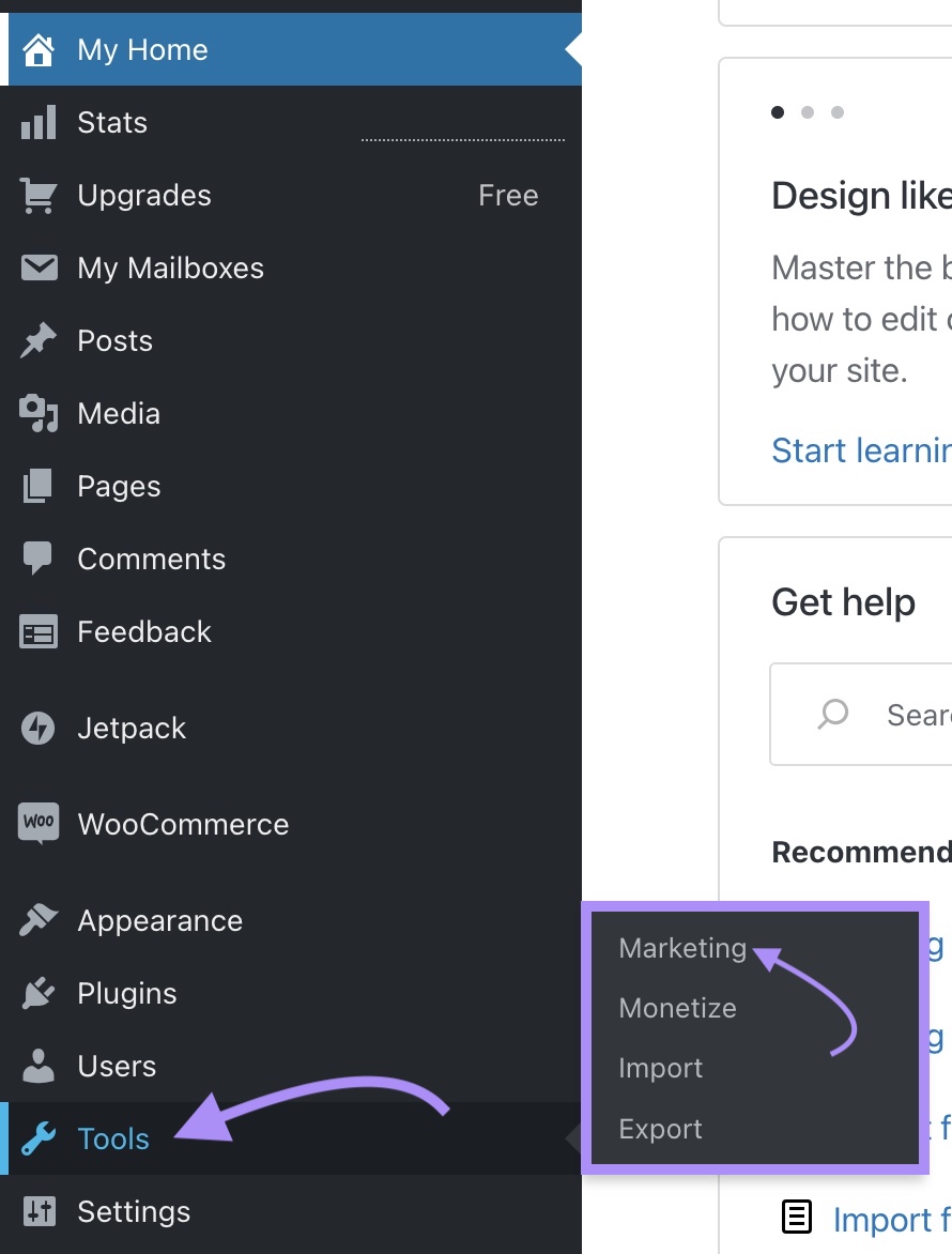Navigating to "Tools" > "Marketing" in the WordPress menu