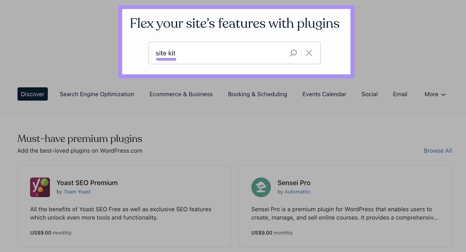 Searching for "site kit" on Wordpress plugins page