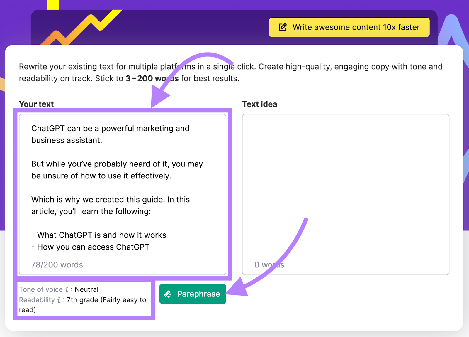 An example of a paragraph about ChatGPT entered into Semrush’s Paraphrasing Tool