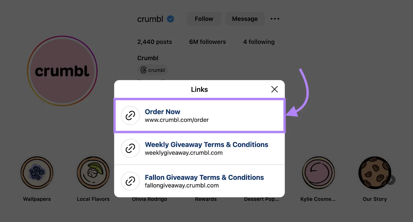 Instagram profile of cookie company Crumbl with "Links" directing potential customers to their website's order page.
