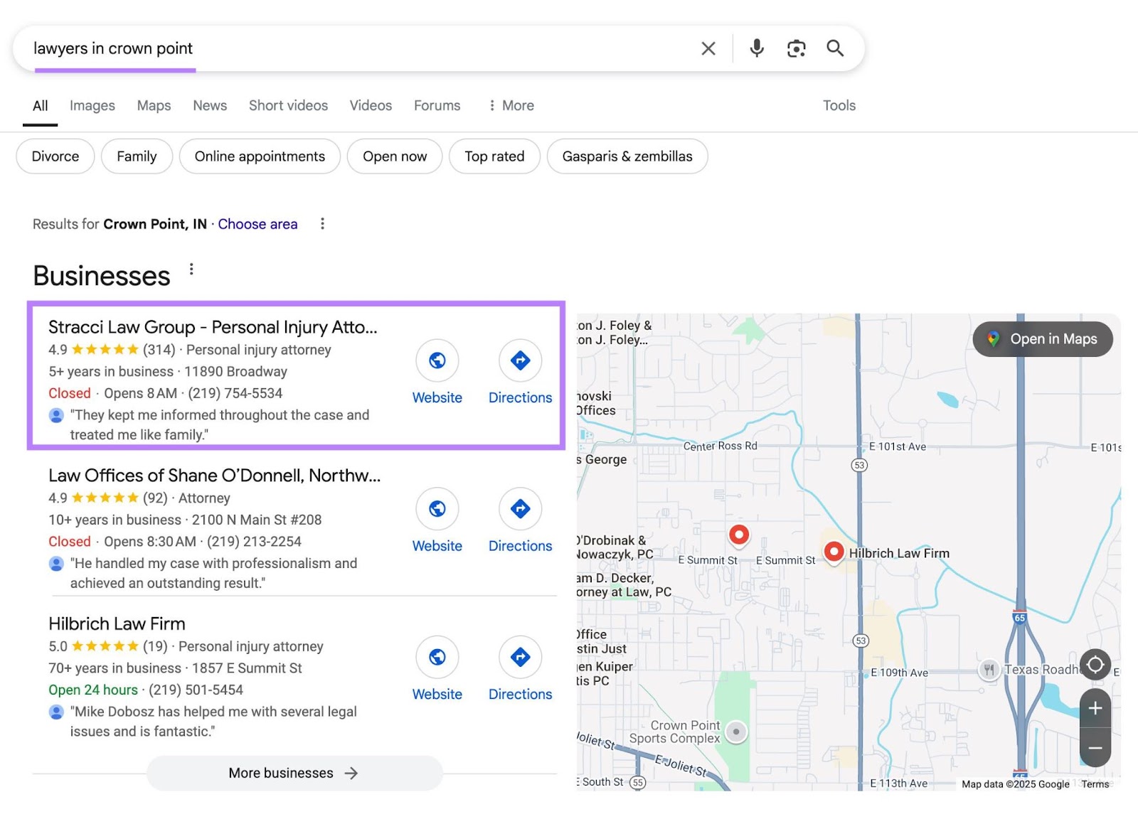 Google SERP with "lawyers in crown point" entered and the result appearing in the first position of the map pack highlighted.