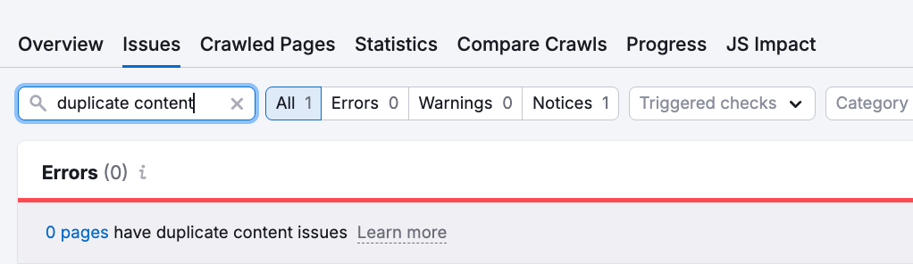 Semrush site audit showing zero duplicate content errors found.