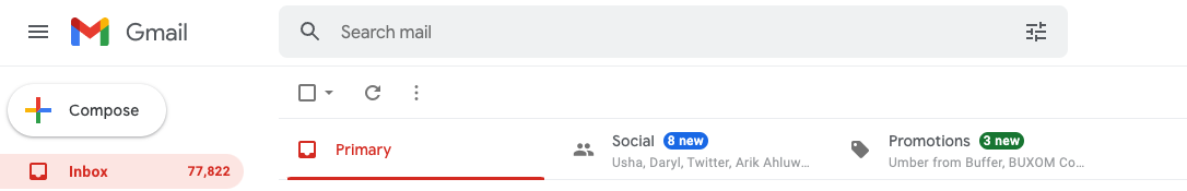 Bloated inbox with over 77K unread messages.