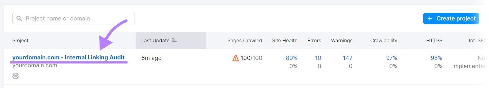 click the project name in Site Audit to access its audit data