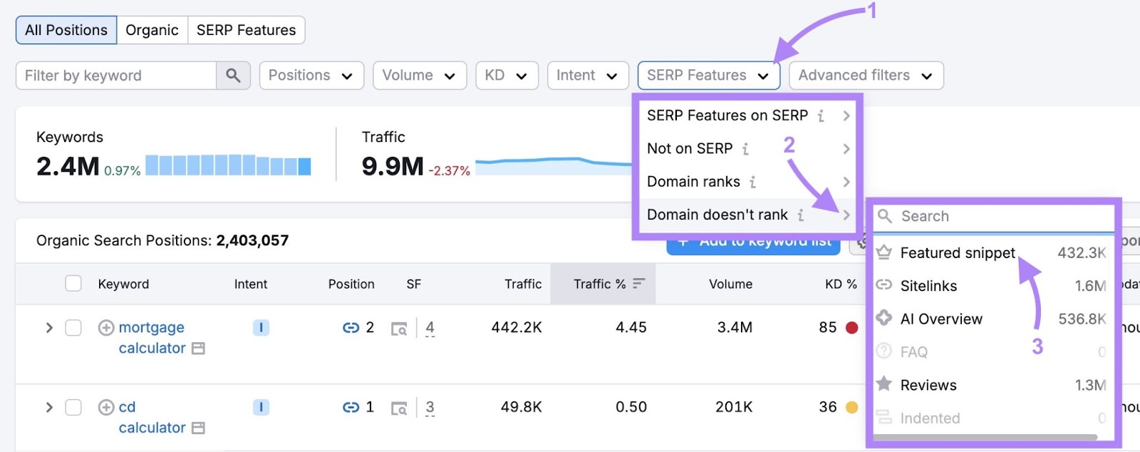 The "SERP Features" filter clicked and "Featured snippet" selected from the "Domain doesn't rank" dropdown on the Organic Rankings tool.